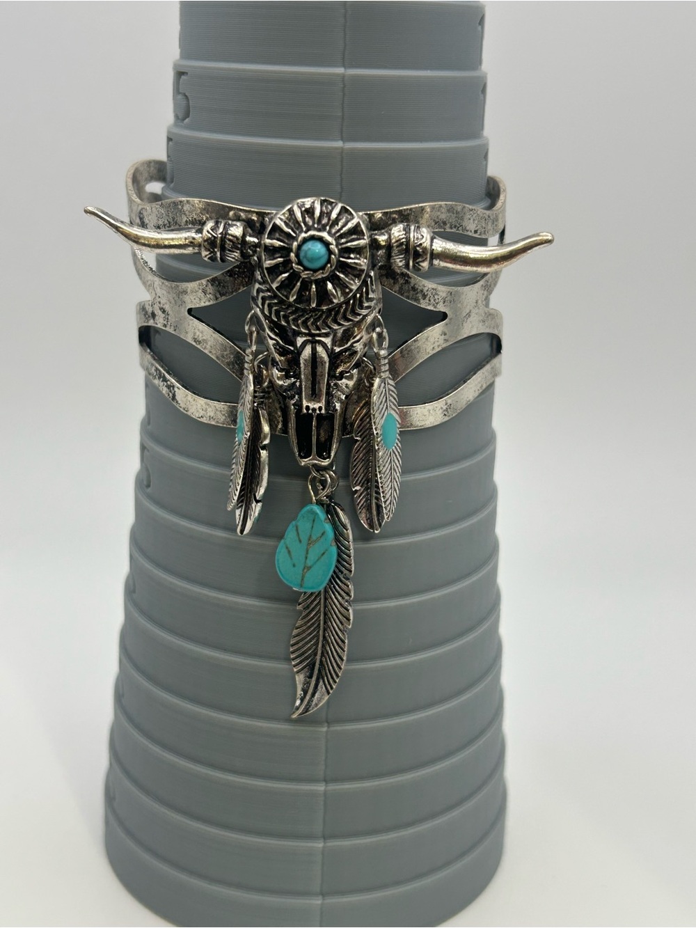 Western Antiqued Silver Longhorn Steer Skull Turquoise Feather Cuff Bracelet